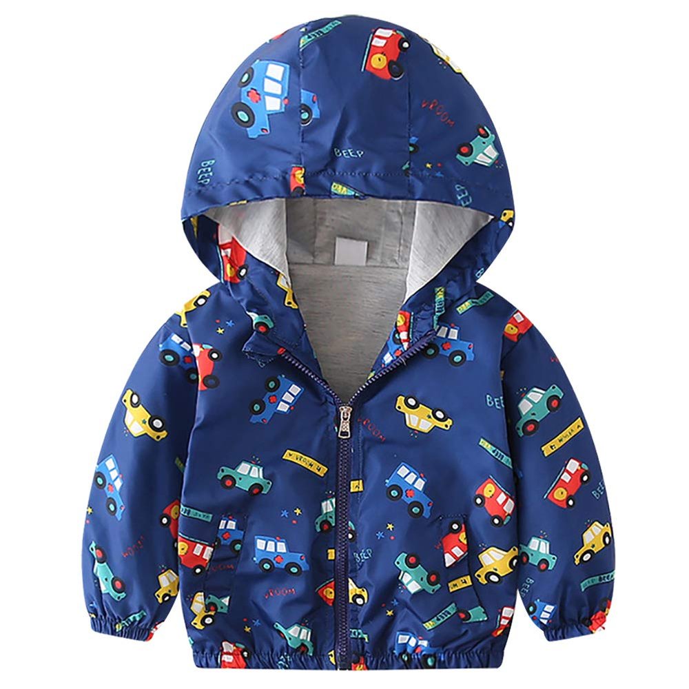 Toddler Kids Baby Boys Cartoon Car Print Hooded Jacket Windbreaker Trench Coat Elastic Long Sleeve Zipper Outdoor Windproof Outerwear with Pockets Autumn Winter Clothes Royal Blue Car 18-24 Months