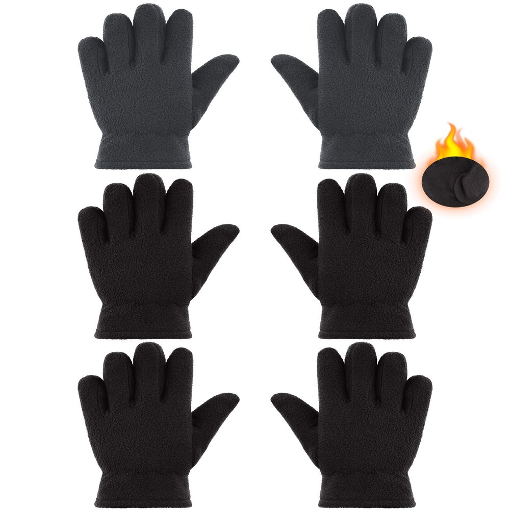 SATINIOR 3 Pairs Winter Fleece Gloves Kids Soft Warm Mitten for Boys Girls Full Fingers Outdoors Activities 5-12 Year(5-8 Years,Black, Grey)