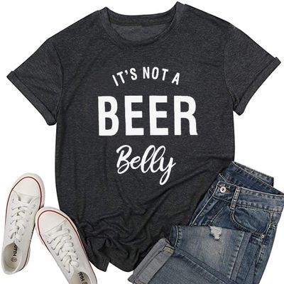 It's not a Beer Belly T Shirt Women Pregnancy Announcement Shirt Letter Print O Neck Top Tee Blouse (Medium, Black)