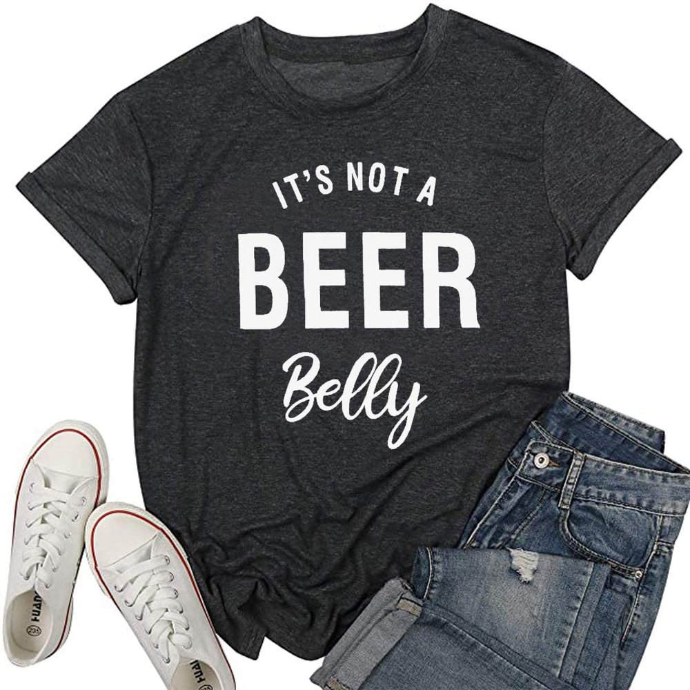 It's not a Beer Belly T Shirt Women Pregnancy Announcement Shirt Letter Print O Neck Top Tee Blouse (Medium, Black)