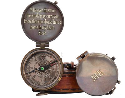 Personalized Compass Antique Compass Custom Gift Brass Compass Gift for Graduation, Anniversary, Baptism, Retirement, or Christmas - Vintage Style Working Compass (Compass with Leather Box)
