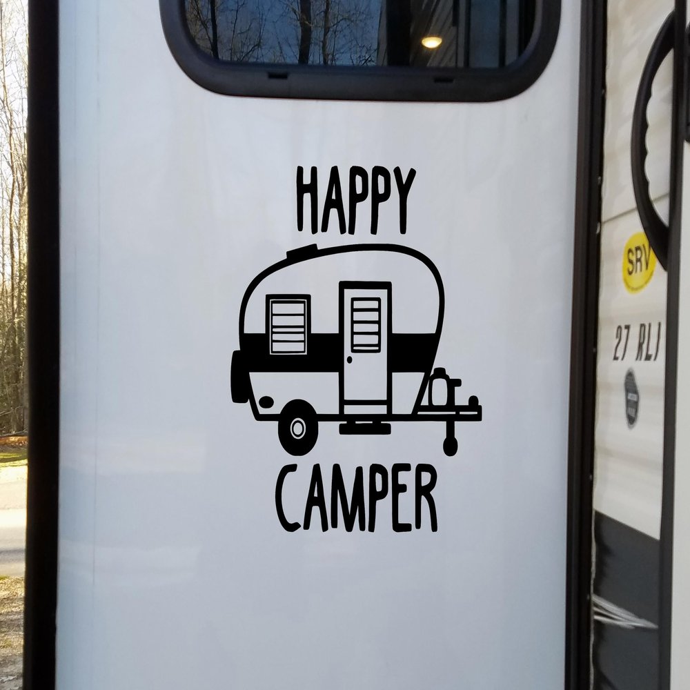 Minglewood Trading Green - Happy Camper Vinyl Decal - Camping Travel RV - Die Cut Decal - 15w x 16.5h inches