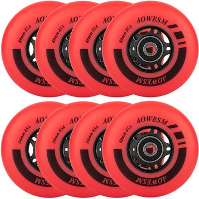 AOWESM Inline Skate Wheels 80mm 76mm 72mm 85a Outdoor Indoor Black Blue Red Roller Hockey Blades Replacement Wheels w/Bearings ABEC-9 and Floating Spacers (8-Pack) (Red, 80mm)