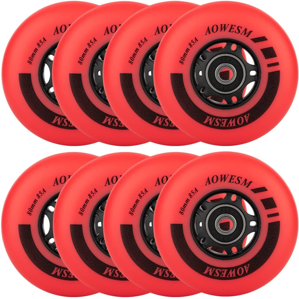 AOWESM Inline Skate Wheels 80mm 76mm 72mm 85a Outdoor Indoor Black Blue Red Roller Hockey Blades Replacement Wheels w/Bearings ABEC-9 and Floating Spacers (8-Pack) (Red, 80mm)