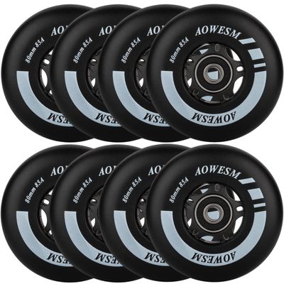 AOWESM Inline Skate Wheels 80mm 76mm 72mm 85a Outdoor Indoor Black Blue Red Roller Hockey Blades Replacement Wheels w/Bearings ABEC-9 and Floating Spacers (8-Pack) (Black, 80mm)