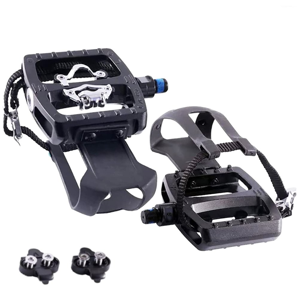 Spin Bike Pedals Indoor Cycling Pedals Dual Platform Bike Pedals (Only Black Strap Support) Hybrid Pedal with Clips and Straps Suitable for Spin Bike Compatible with Shimano SPD Peloton Bike Pedals
