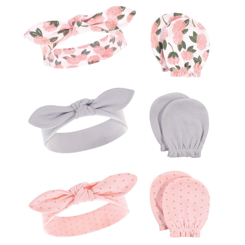 Hudson Baby baby girls Unisex Cotton Scratch Mitten Set Headband, Pink Peony, 0-6 Months US