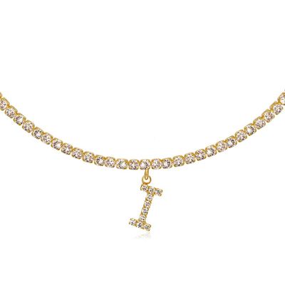 14K Yellow Gold Plated Cubic Zirconia Initial I Necklace | Tennis Chain Letter Necklaces for Women