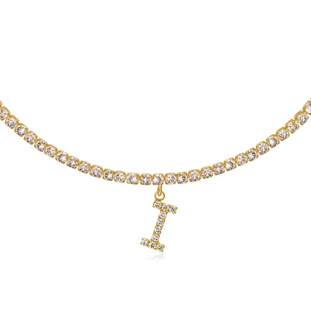 14K Yellow Gold Plated Cubic Zirconia Initial I Necklace | Tennis Chain Letter Necklaces for Women
