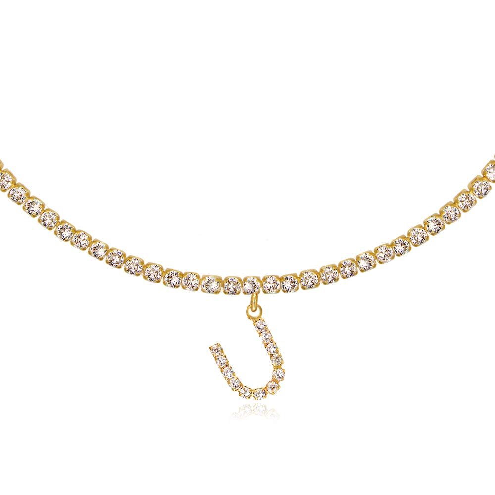 14K Yellow Gold Plated Cubic Zirconia Initial U Necklace | Letter Tennis Chain Necklaces for Women