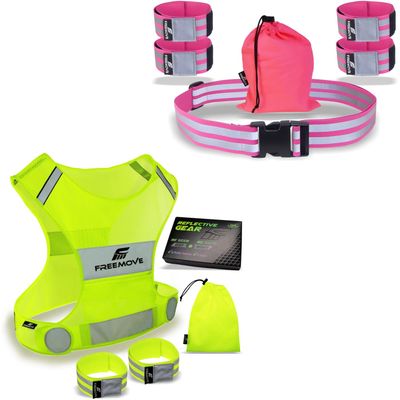 FREEMOVE Reflective Vest; Size X-Large with 2X Bands & Carry Bag + Reflective Belt with 4X Bands & Carry Bag Pink