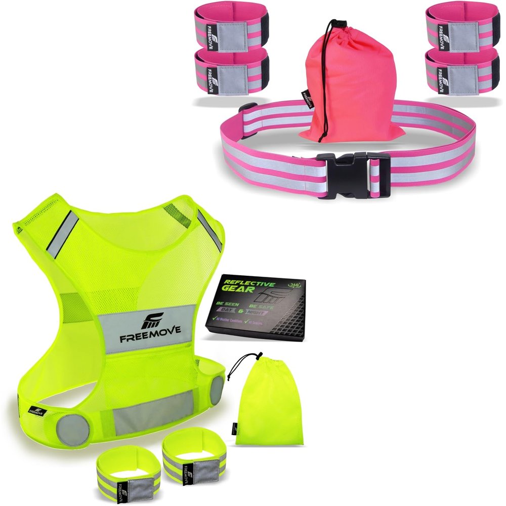 FREEMOVE Reflective Vest; Size X-Large with 2X Bands & Carry Bag + Reflective Belt with 4X Bands & Carry Bag Pink