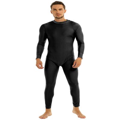 LiiYii Men's One Piece Full Body Unitard Leotard Back Zipper Long Sleeve Stretchy Bodysuits Black Medium