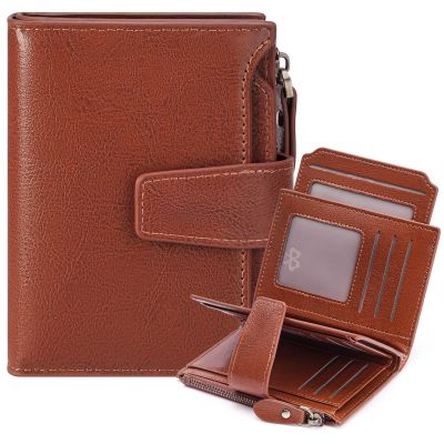 GOIACII RFID Women's Wallet Small Ladies Credit Card Holder Leather with Zipper Pocket 4 ID Windows Wax Brown