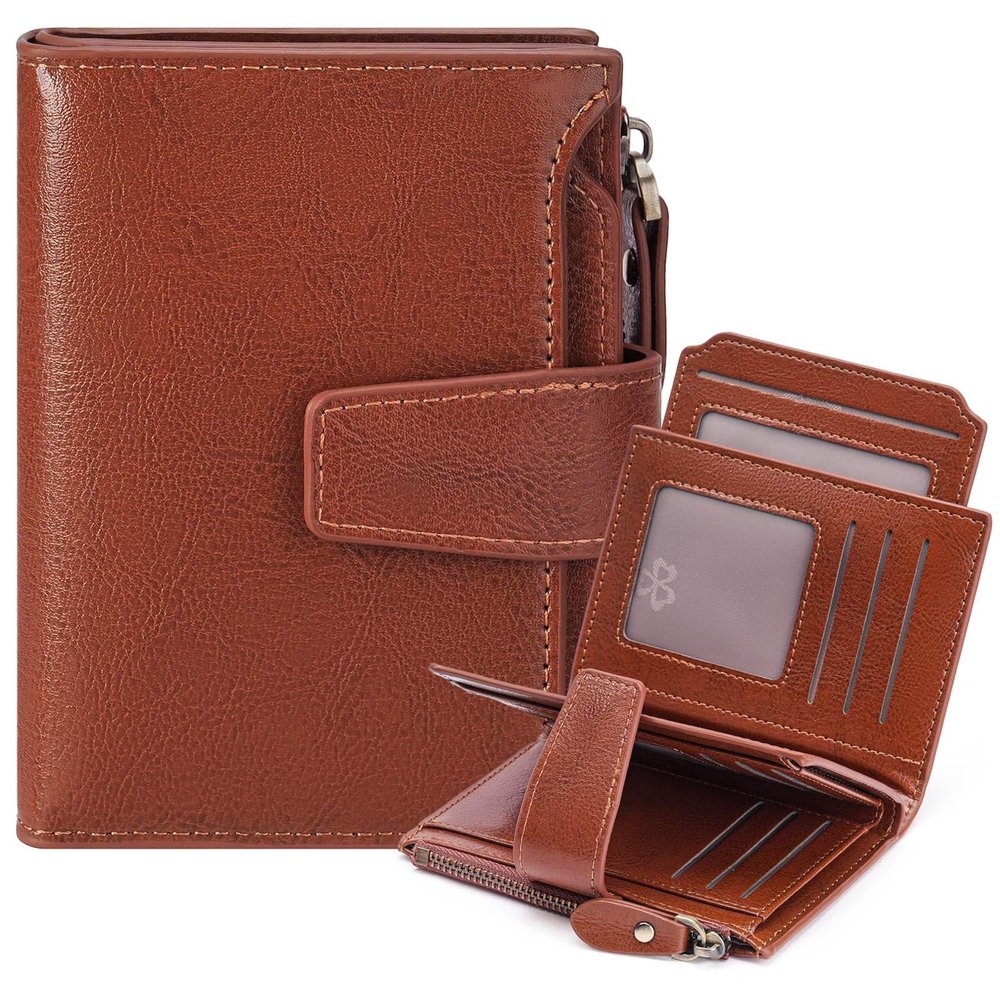 GOIACII RFID Women's Wallet Small Ladies Credit Card Holder Leather with Zipper Pocket 4 ID Windows Wax Brown