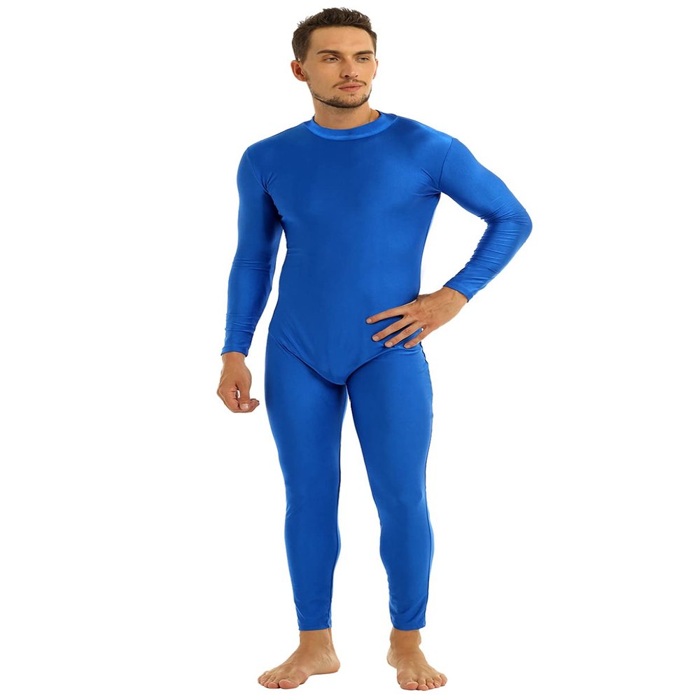 LiiYii Men's One Piece Full Body Unitard Leotard Back Zipper Long Sleeve Stretchy Bodysuits Blue XX-Large