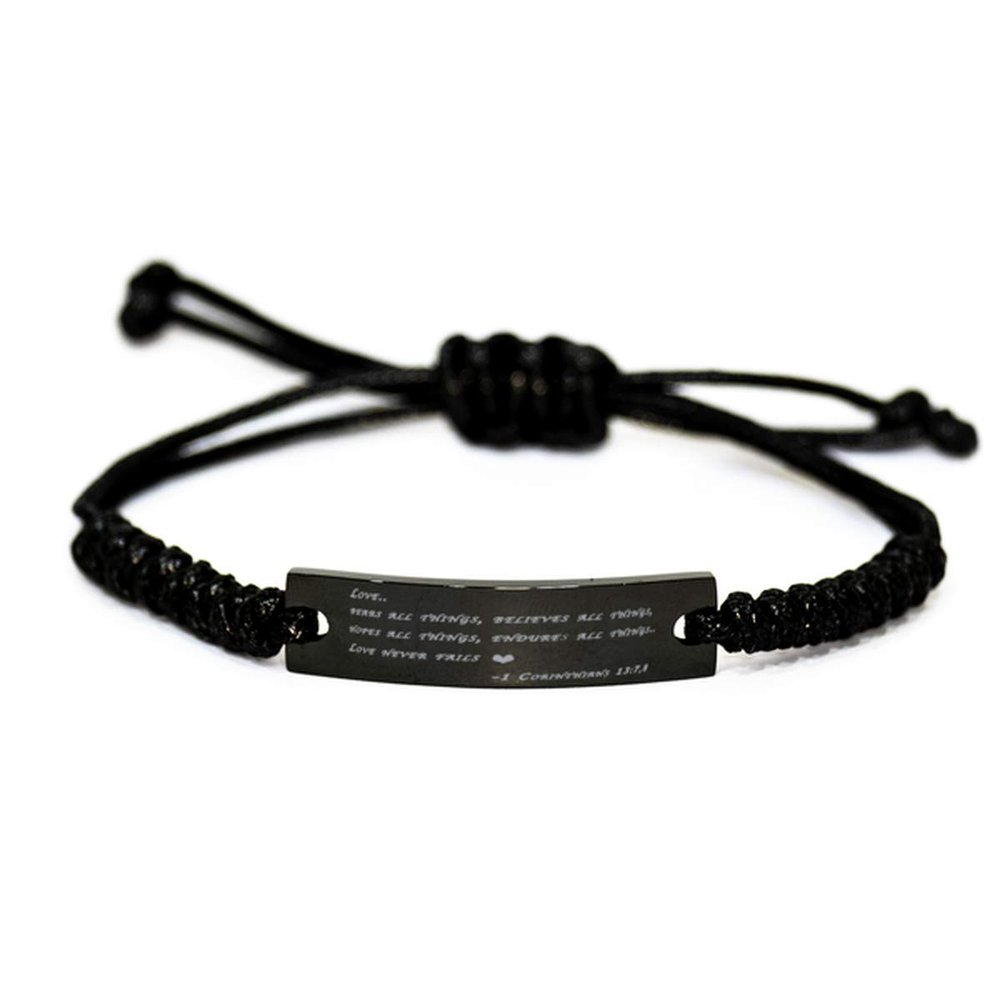 Take Thai Real Origin Bible Verse Black Rope Bracelet,1 Corinthians 13:7-8 Love Bears All Things,Inspirational Bracelet,Christian Inspired Quote