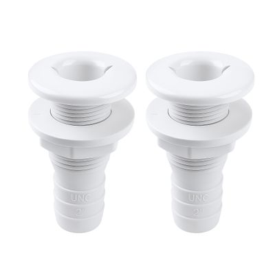 SEAFLO 2 Thru Hull Fitting Marine Boat, Polypropylene, Plastic Drain Overflow Connector, Corrosion Resistant Saltwater Safe, Transom Mount, Bilge Port Deck Outlet, 4-Year Warranty (White, 2-Pack)
