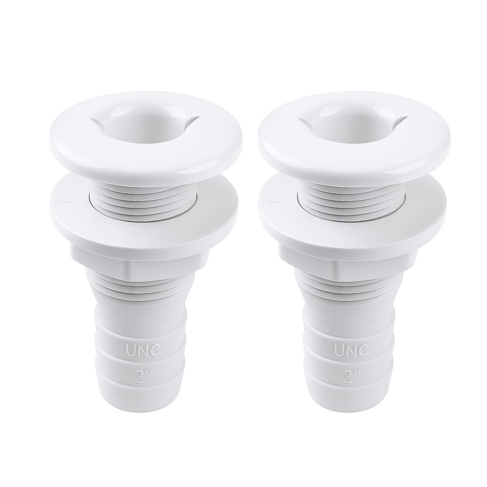 SEAFLO 2 Thru Hull Fitting Marine Boat, Polypropylene, Plastic Drain Overflow Connector, Corrosion Resistant Saltwater Safe, Transom Mount, Bilge Port Deck Outlet, 4-Year Warranty (White, 2-Pack)