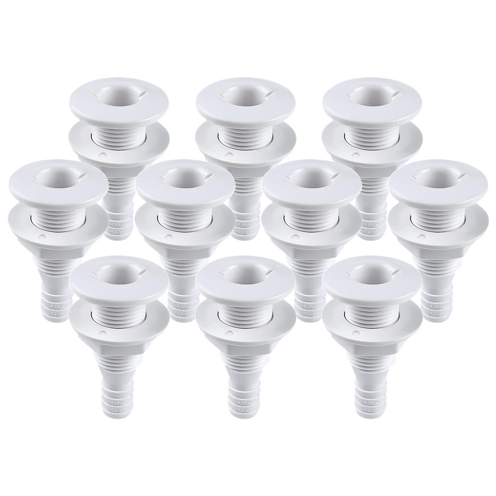 SEAFLO Thru Hull Fitting Marine Boat, Polypropylene, Plastic Drain Overflow Connector, Corrosion Resistant Saltwater Safe, Transom Mount, Bilge Port Deck Outlet, 4-Year Warranty (White, 10-Pack)