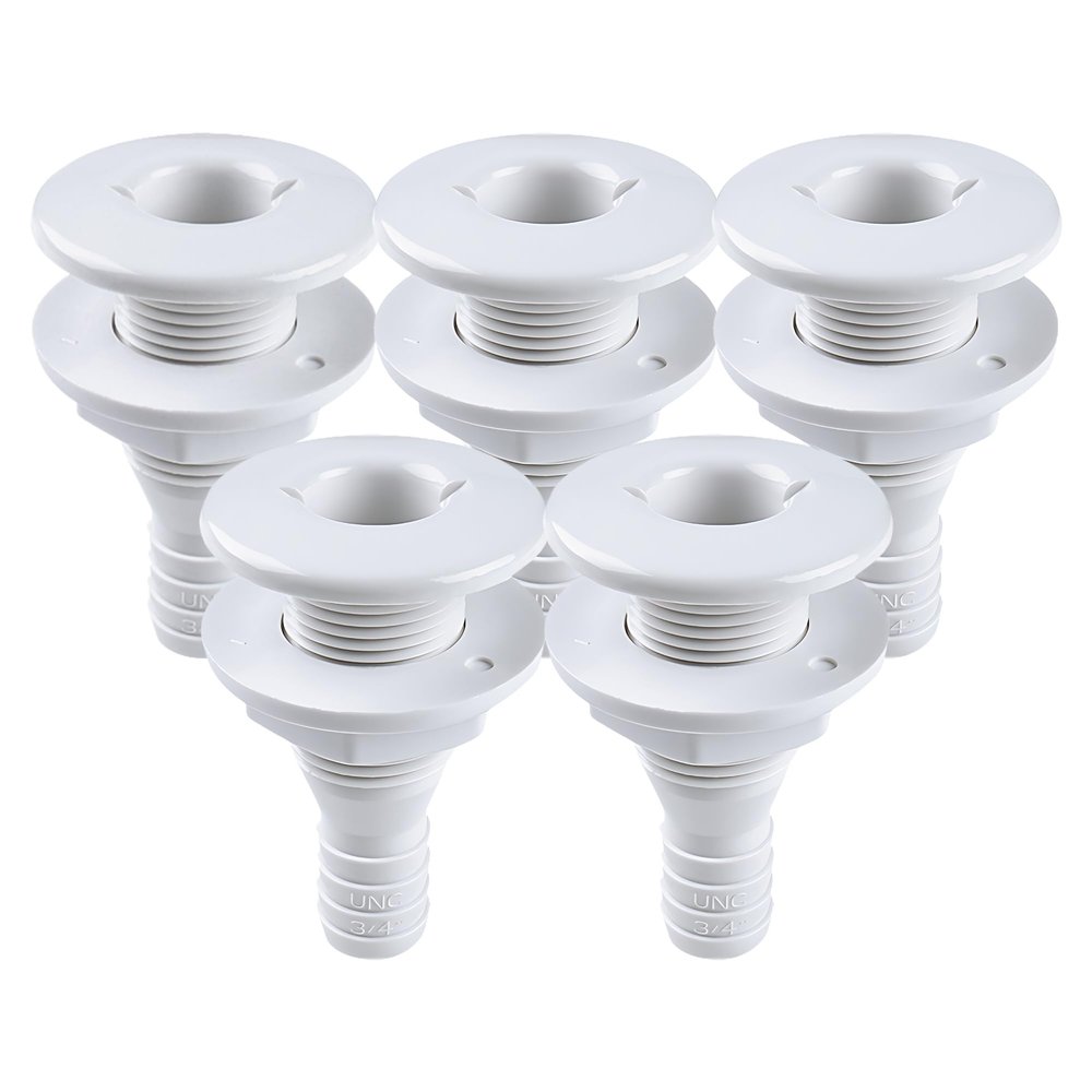 SEAFLO Thru Hull Fitting Marine Boat, Polypropylene, Plastic Drain Overflow Connector, Corrosion Resistant Saltwater Safe, Transom Mount, Bilge Port Deck Outlet, 4-Year Warranty (White, 2-Pack)