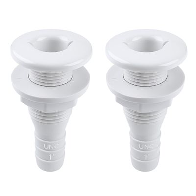 SEAFLO 1 Thru Hull Fitting Marine Boat, Polypropylene, Plastic Drain Overflow Connector, Corrosion Resistant Saltwater Safe, Transom Mount, Bilge Port Deck Outlet, 4-Year Warranty (White, 2-Pack)