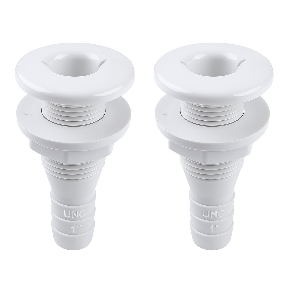 SEAFLO 1 Thru Hull Fitting Marine Boat, Polypropylene, Plastic Drain Overflow Connector, Corrosion Resistant Saltwater Safe, Transom Mount, Bilge Port Deck Outlet, 4-Year Warranty (White, 2-Pack)