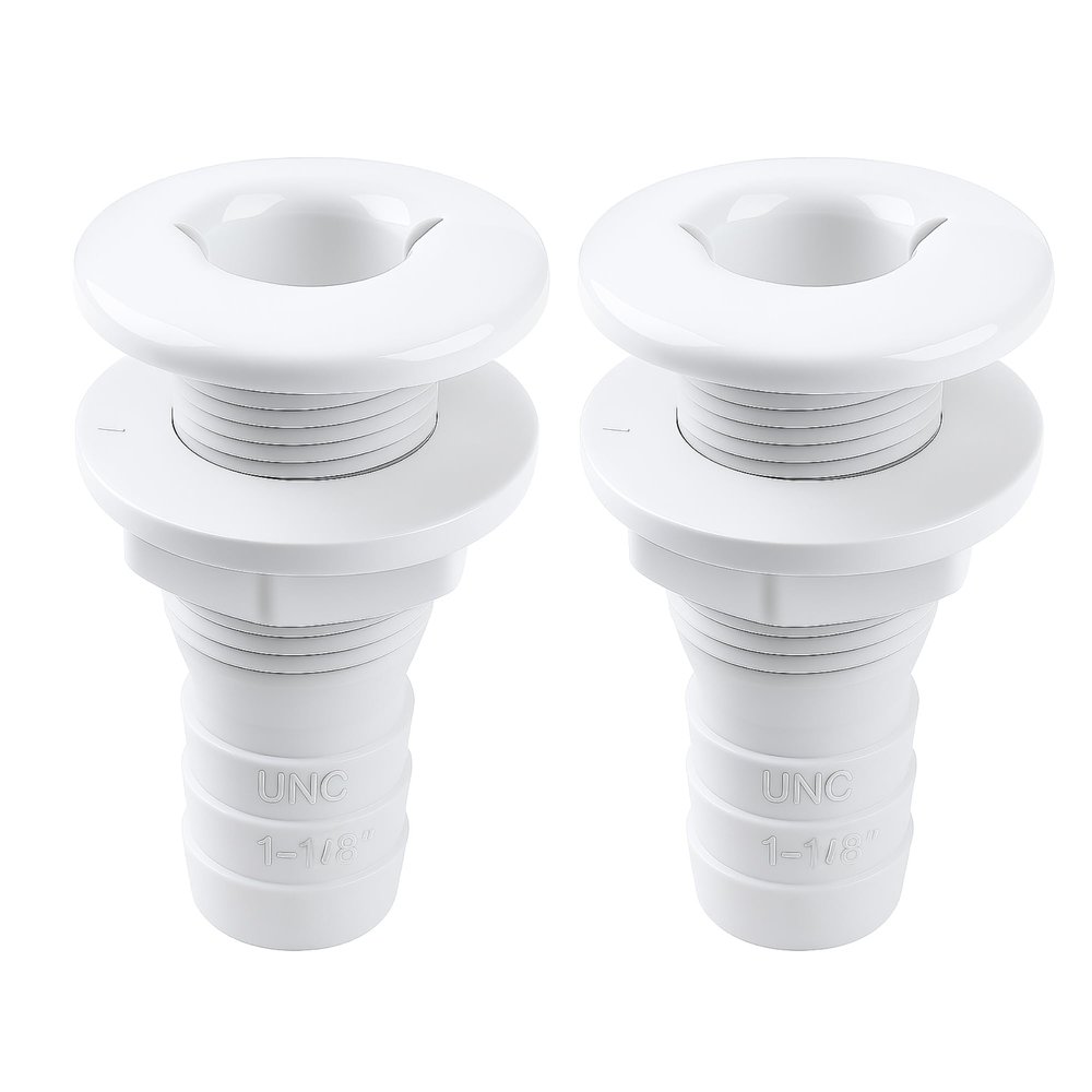 SEAFLO 1 Thru Hull Fitting Marine Boat, Polypropylene, Plastic Drain Overflow Connector, Corrosion Resistant Saltwater Safe, Transom Mount, Bilge Port Deck Outlet, 4-Year Warranty (White, 2-Pack)