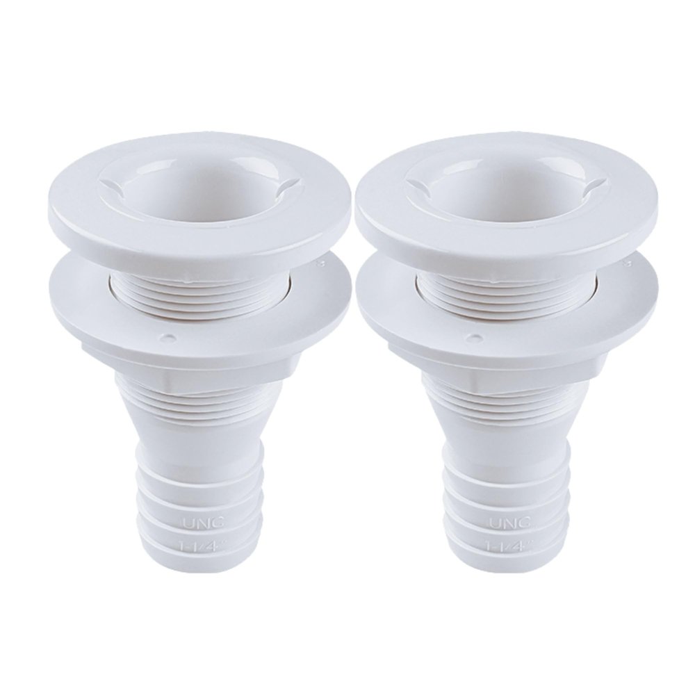 SEAFLO 1 Thru Hull Fitting Marine Boat, Polypropylene, Plastic Drain Overflow Connector, Corrosion Resistant Saltwater Safe, Transom Mount, Bilge Port Deck Outlet, 4-Year Warranty (White, 2-Pack)