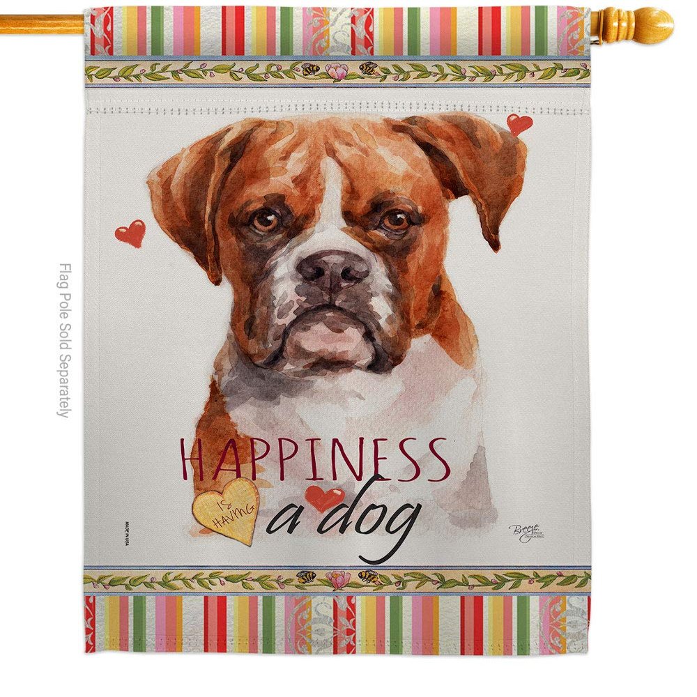 Boxer Happiness House Flag Animals Dog Puppy Spoiled Paw Canine Fur Pet Nature Farm Animal Creature Small Decorative Gift Yard Banner Double-Sided Made In USA 28 X 40