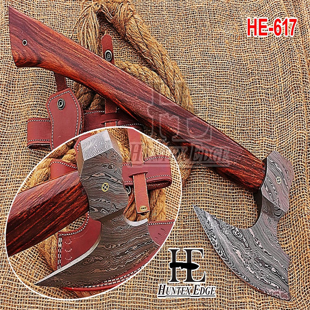 HUNTEX Custom Handmade Hand-Forged Twist Pattern Damascus Steel 21 Inch Long Walnut Wood Handle Razor Sharp Hunting Camping Wood Splitter Viking Broad Axe with Genuine Leather Sheath