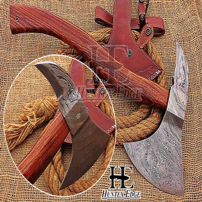 HUNTEX Handmade Hand-Forged Twist Pattern Damascus Steel 19.5 Inch Long Hand-Engraved Walnut Wood Handle Razor Sharp Camping Wood Splitter Twin Bladed Viking Axe w/Genuine Leather Sheath