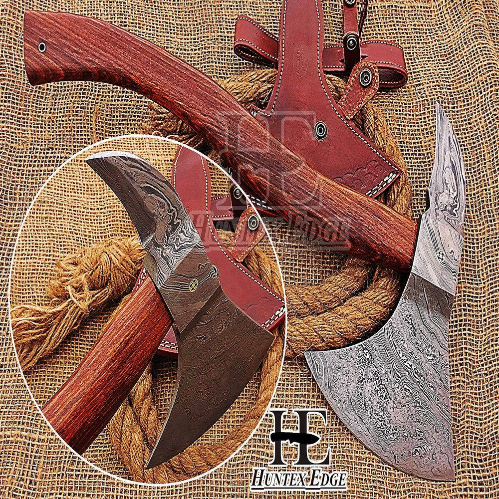 HUNTEX Handmade Hand-Forged Twist Pattern Damascus Steel 19.5 Inch Long Hand-Engraved Walnut Wood Handle Razor Sharp Camping Wood Splitter Twin Bladed Viking Axe w/Genuine Leather Sheath