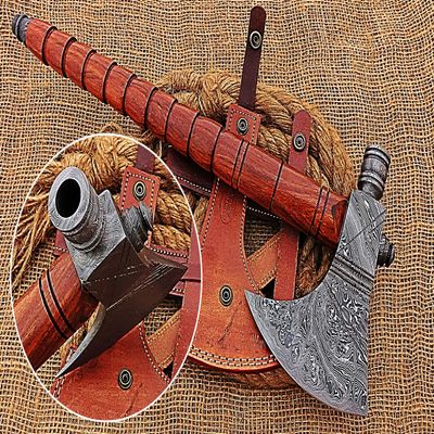 HUNTEX Custom Handmade Hand-Forged Twist Pattern Damascus Steel 18 Inch Long Walnut Wood Handle Razor Sharp Hunting Camping Wood Splitter Viking Axe with Genuine Leather Sheath