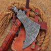 HUNTEX Custom Handmade Hand-Forged Twist Pattern Damascus Steel 18 Inch Long Walnut Wood Handle Razor Sharp Hunting Camping Wood Splitter Viking Axe with Genuine Leather Sheath view 3