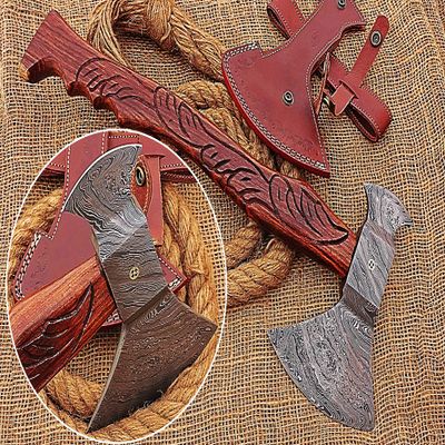 HUNTEX Custom Handmade Hand-Forged Twist Pattern Damascus Steel 19.5 Inch Long Hand-Engraved Walnut Wood Handle Razor Sharp Camping Wood Splitter Twin Blade Axe w/Genuine Leather Sheath