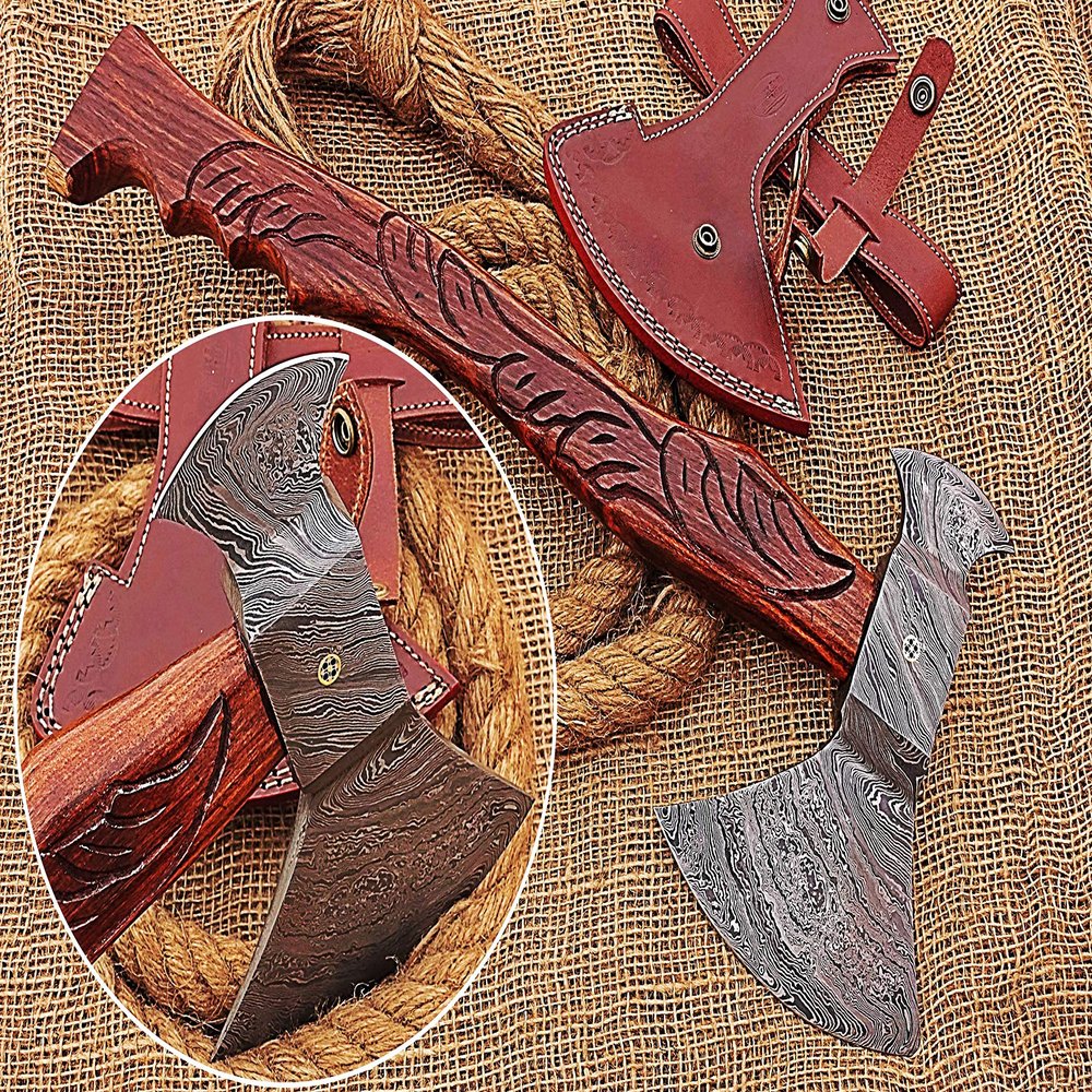 HUNTEX Custom Handmade Hand-Forged Twist Pattern Damascus Steel 19.5 Inch Long Hand-Engraved Walnut Wood Handle Razor Sharp Camping Wood Splitter Twin Blade Axe w/Genuine Leather Sheath