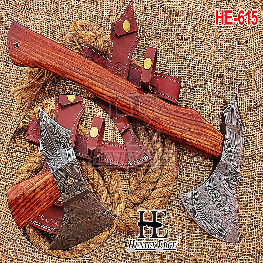 HUNTEX Custom Handmade Hand-Forged Twist Pattern Damascus Steel 18.5 Inch Long Walnut Wood Handle Razor Sharp Hunting Camping Wood Splitter Battle Bladed Axe with Genuine Leather Sheath