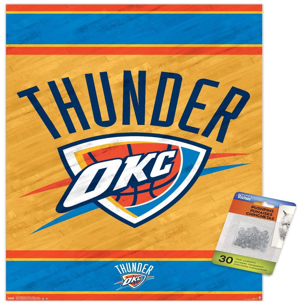 Trends International NBA Oklahoma City Thunder - Logo 14 Wall Poster, 14.72" x 22.37", Premium Poster & Push Pin Bundle