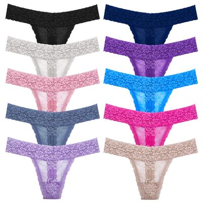 WKFIINM Pack 10 Lace Thongs for Women Floral Pattern Waist Woman Underwear Plus Size Panties