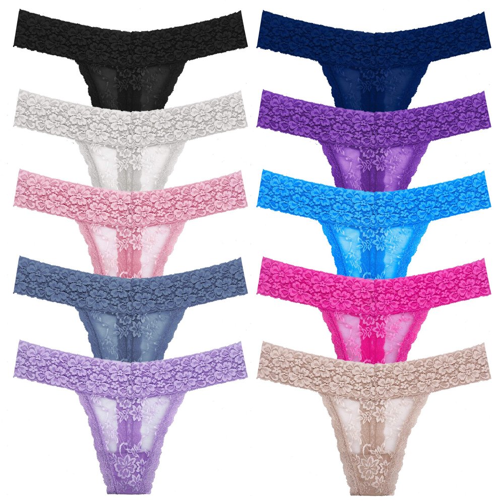 WKFIINM Pack 10 Lace Thongs for Women Floral Pattern Waist Woman Underwear Plus Size Panties