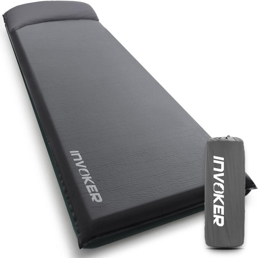 INVOKER Camping Sleeping Pad 3.15 Memory Foam Fast Self Inflating Insulated Durable Camping Mat Air Mattress with Pillowfor Tent, Traveling, Car, Camping, Grey