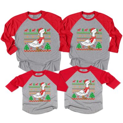 Christmas Matching Shirt for Family Santa Goose with Scarf Printed Funny Xmas Raglan Shirt