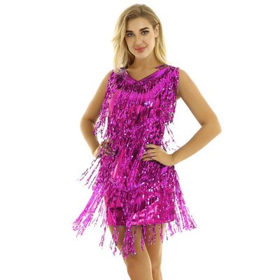 YOOJOO Womens V Neck Sleeveless Sparkling Sequin Fringe Ballroom Latin Dance Dress Party Dress Rose X-Large