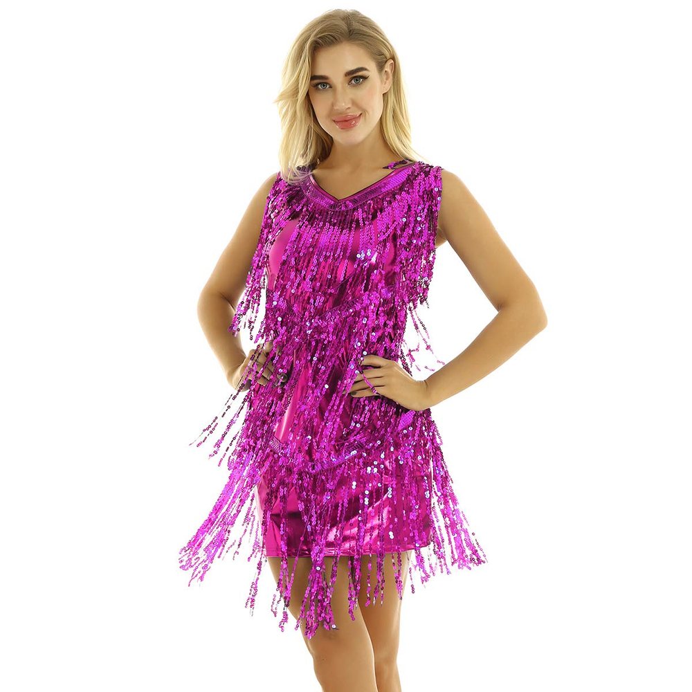 YOOJOO Womens V Neck Sleeveless Sparkling Sequin Fringe Ballroom Latin Dance Dress Party Dress Rose X-Large