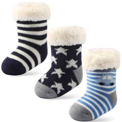Cottock 3 Pairs Toddler Girl Boy Sherpa-lined Fuzzy Socks Anti Skid with Grips, Baby Girl Boy Christmas Socks Kids Slipper Socks (4-6 years, 3 pairs boys)