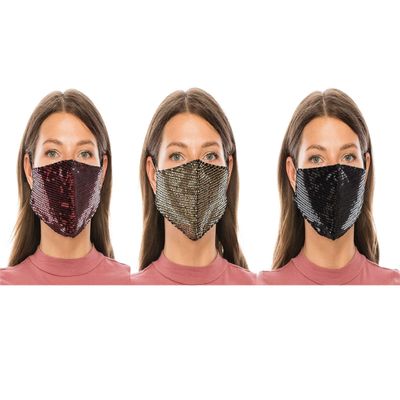 Beyond Trim 3 Pack Adult Women Face Covering Glitter Fabric Cloth Protection Cover Reusable Washable Breathable MA1027 Bur/GOL/Blk