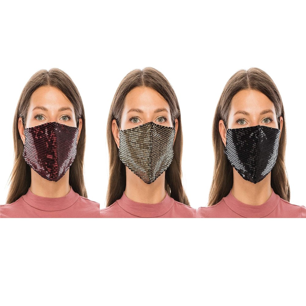 Beyond Trim 3 Pack Adult Women Face Covering Glitter Fabric Cloth Protection Cover Reusable Washable Breathable MA1027 Bur/GOL/Blk