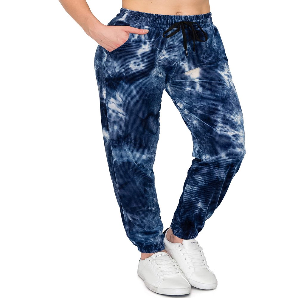 ALWAYS Women's Ribbed Tie Dye Jogger Pants - Rib Knit Active Casual Track Lounge Sweatpants Navy 2XL