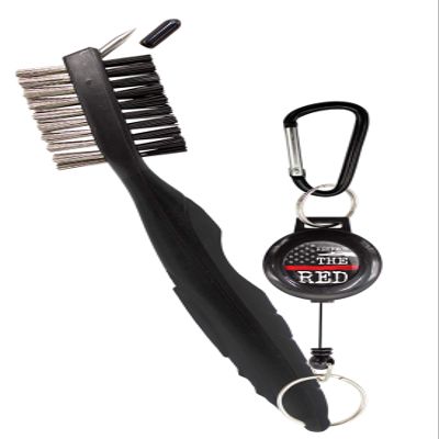 Clip Wipes Fire Golf Club Brush | Retractable Cord | Terminator Brush Fire Department Logo (Black-Respect)